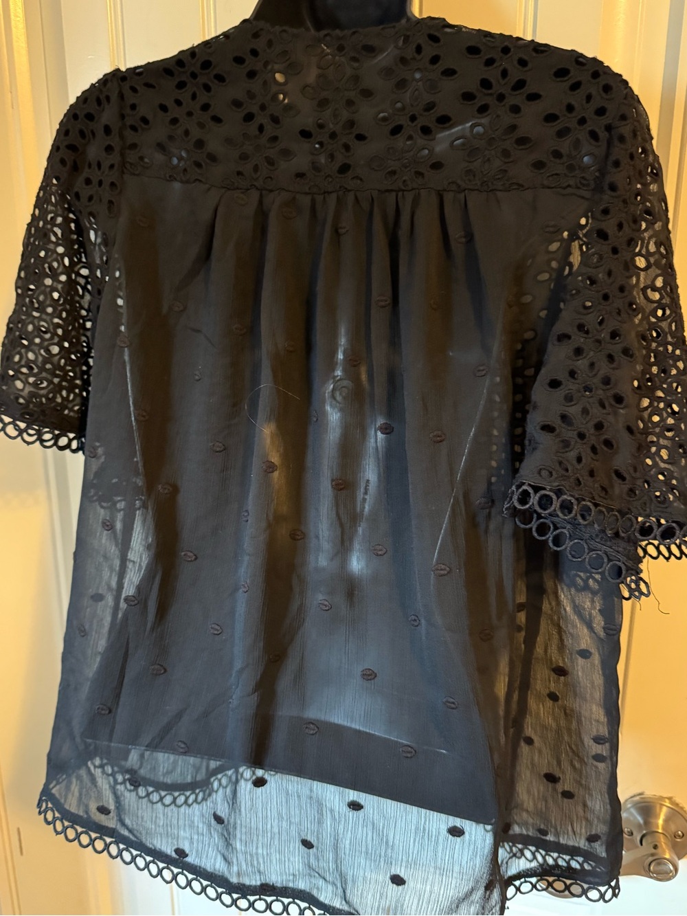ANNA SUI Black Eyelet & Chiffon Dobby Sheer Blouse Tag Size 95 (Fits M/L) - Picture 2 of 4